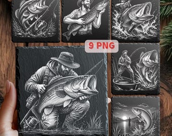 Angeln Lasergravur PNG Bundle, Fischer Trophäe Fisch Schiefer Untersetzer Designs, Bass Karpfen Hecht Dateien, 9 PNG Set