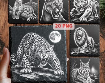 Pliki do grawerowania laserowego Predator PNG | Lew Tygrys Lampart Ryś Puma Gepard | Grawerowanie podstawki z łupka | 20 PNG