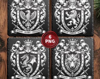 Laser Engraving Files, Slate Coasters Design, Medieval Heraldic Shields PNG, Coat of Arms, Knight Crest, Heraldry PNG