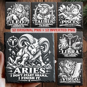 Peut inclure: Une collection de dessous de verre carrés en ardoise noire avec des illustrations et du texte du zodiaque gravés en blanc. Les motifs incluent Lion, Taureau, Poissons, Bélier, Balance et Vierge avec des légendes. Texte 12 ORIGINAL PNG + 12 INVERTED PNG.