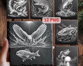 Fisch Gravierdateien, Angeln Lasergravur PNG Bundle, Fisch Schiefer Untersetzer Designs, Bass Pike Thunfisch Wels Gravurdateien, 12 PNG-Set