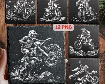 Motocross Lasergravur Dateien PNG | 12 Dirt Bike Designs für Schiefer Untersetzer | Motorrad Laser-Dateien