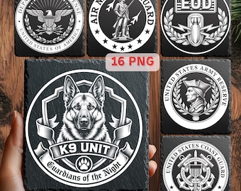 Amerikanisches Militär Lasergravur PNG-Dateien, Militär Emblem Bundle, 18 Schiefer Untersetzer Designs, digitaler Download