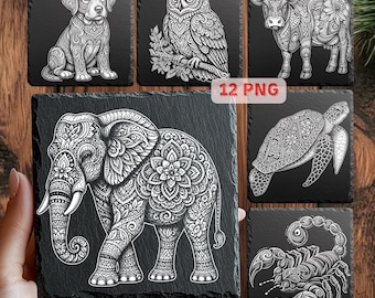Tiermandala PNG Bündel | Dateien zur Lasergravur für Schieferplatten | Glowforge xTool LightBurn PNG