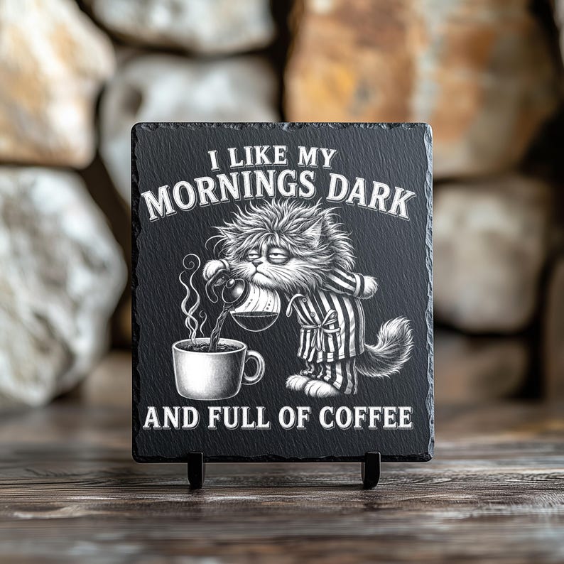 Puede incluir: Posavasos cuadrado de pizarra negra con el texto "I LIKE MY MORNINGS DARK AND FULL OF COFFEE". Un gato de dibujos animados en pijama vierte caf&eacute; en una taza. El posavasos est&aacute; sobre un soporte negro.