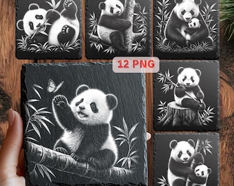 Paquete de archivos PNG de posavasos de pizarra con diseño de panda adorable / 12 archivos para grabado láser / Glowforge xTool LightBurn / Diseños PNG de grabado de panda