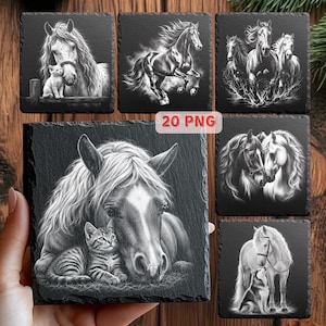 May include: A collection of square black slate coasters featuring white engraved illustrations of horses and other animals. The designs include a horse with a cat, a galloping horse, a group of horses, and a horse with a dog. Text reads 20 PNG.