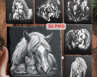 Pferde Lasergravur PNG Bundle, 20 Schieferuntersetzer Dateien, Reiterkunst, Western Bauernhaus Glowforge xTool