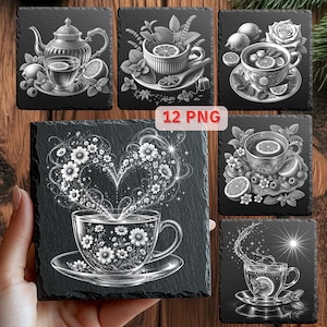 Könnte beinhalten: Sechs quadratische Untersetzer aus schwarzem Schiefer mit weißen Strichzeichnungen von Teetassen, Teekannen und Blumendesigns. Jeder Untersetzer hat ein anderes Design, darunter Zitronen und Blumen. Der Text "12 PNG" ist in der Mitte zu sehen.