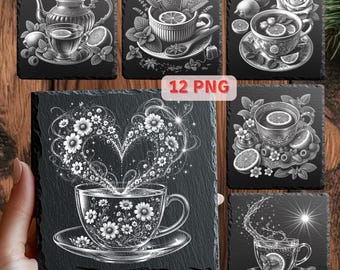 Teezeremonie Lasergravur PNG Bundle, 12 Schieferuntersetzer Designs, Teetasse Teekanne Kunst, Glowforge xTool Files