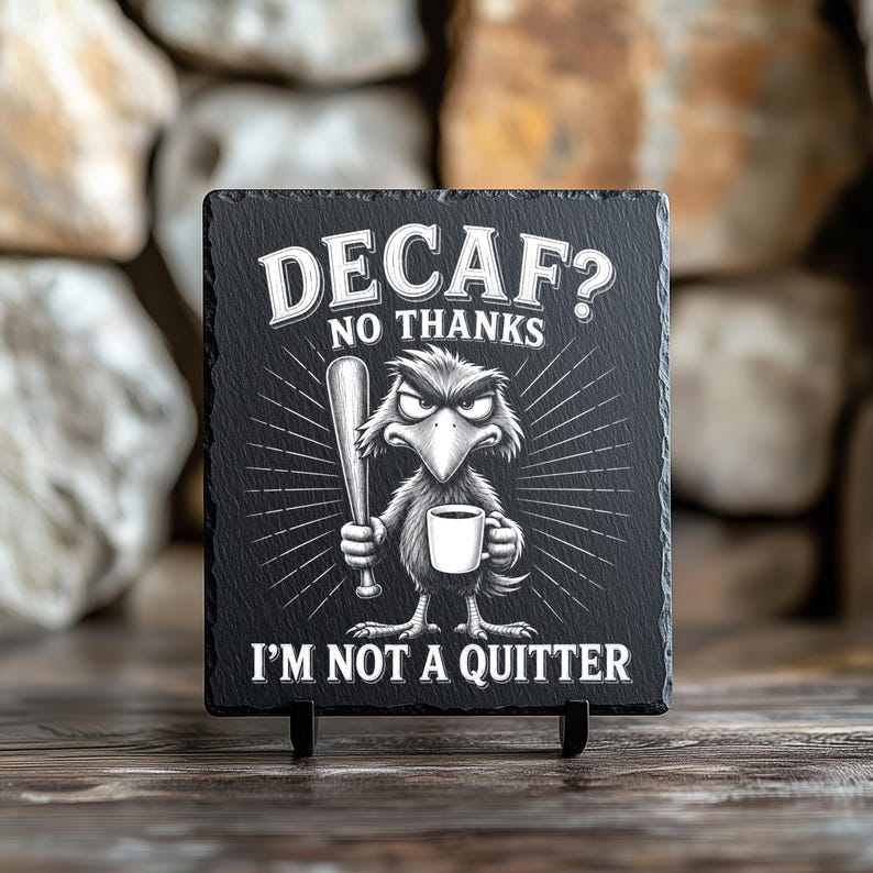 Puede incluir: Posavasos de pizarra negra con el texto "DECAF? NO THANKS I'M NOT A QUITTER." Un p&aacute;jaro de dibujos animados con expresi&oacute;n enfadada sostiene un bate de b&eacute;isbol y una taza de caf&eacute;. El posavasos se muestra sobre un soporte negro.
