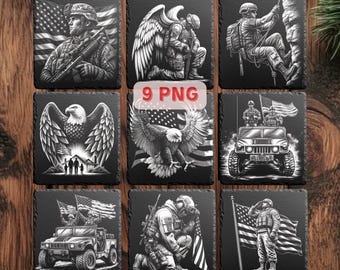 Amerikanischer Soldaten Schiefer Gravur PNG Bundle,Memorial Day veteran Geschenk Laser-Dateien, 9 Vaterländischen Untersetzer Designs + Invertiert