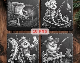 Lustiges Angeln Lasergravur PNG Bündel, Fischer Humor Schieferuntersetzer Designs, Angeln Geschenk Gravierdateien, 10 PNG Set