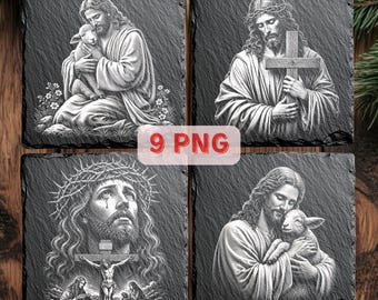 Jesus Schiefergravur PNG Bündel, christliche Lasergravurdateien, religiöse Schieferuntersetzer-Designs, 9 PNG + Invertiert