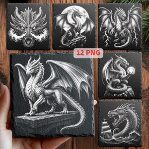 Fantasidrake PNG-paket | 12 drakegraveringsfiler för skifferunderlägg | Lasergravering PNG | Kristalleld, månskuggdrake