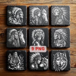 May include: Nine square black slate coasters with Native American themed illustrations. The images include portraits of Native Americans, horses, wolves, and women wearing headdresses. The text "9 PNG" is visible in the center.