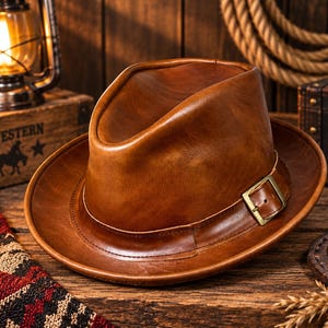 Peut inclure: Un chapeau fedora en cuir marron doté d'une calotte pincée et d'un large bord. Le chapeau est agrémenté d'une bande en cuir assortie comprenant un détail de boucle métallique sur le côté. Le cuir présente une finition lisse avec des coutures.