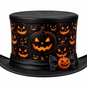 Puede incluir: Un sombrero de copa negro con un estampado de calabazas de Halloween de color naranja brillante con caras talladas. El sombrero incluye una banda negra alrededor de la base adornada con un lazo negro y un pequeño adorno de calabaza tridimensional.