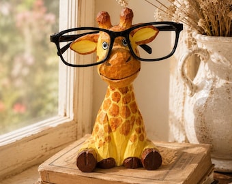 Giraffe Eyeglass Holder Hand Carved Wood Glasses Stand Whimsical Animal Desk Decor Cottagecore Gift for Readers & Animal Lover Display