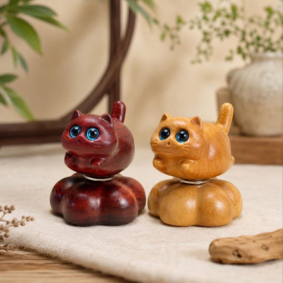 Wooden Spinning Cat Figurine, Handcrafted Rotating Kitty Desk Toy, Wood Carved Cat Decor, Unique Cat Lover Gift, Fidget 