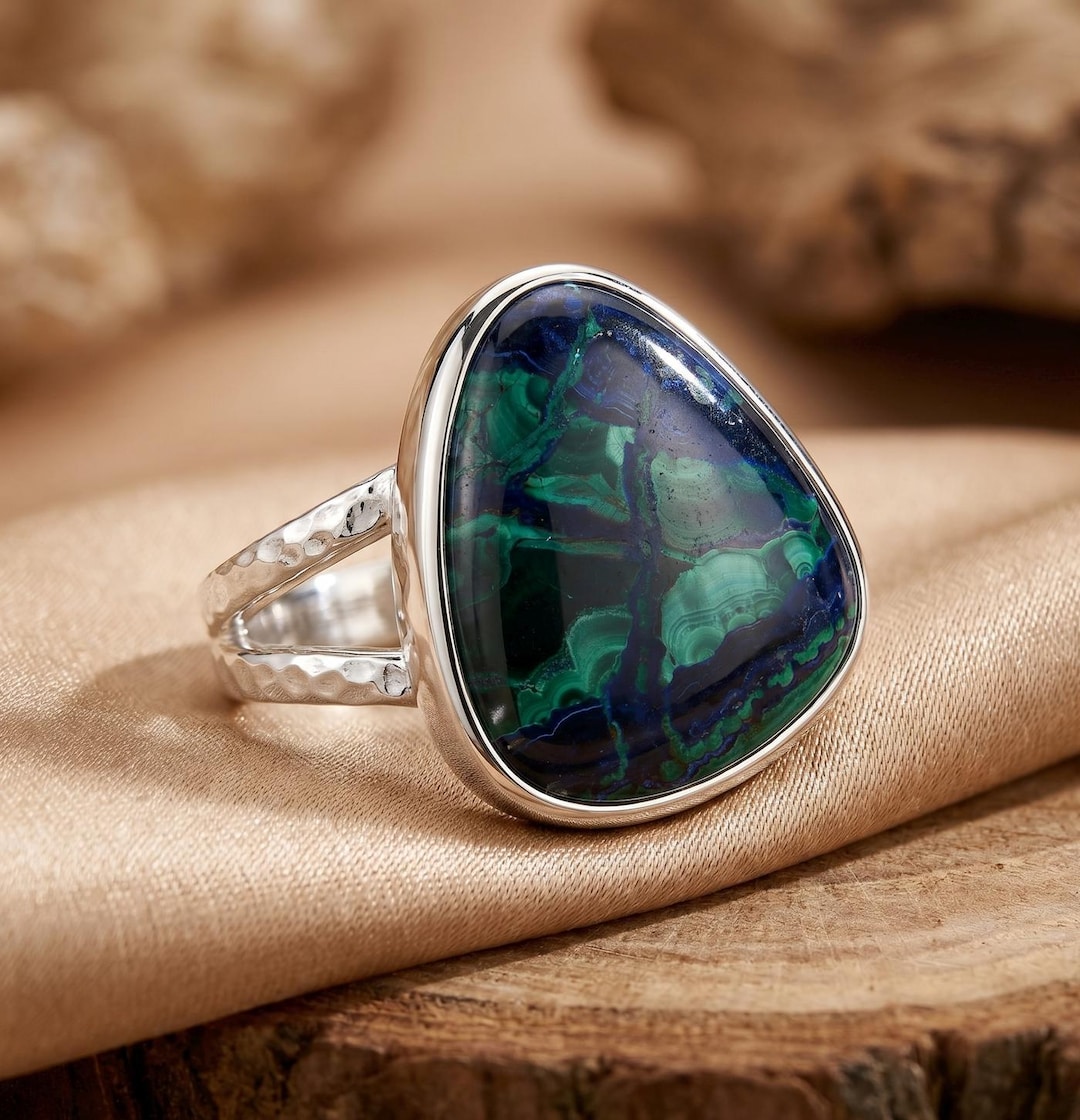 Ocean Azurite Sterling Silver Ring, Hammered Band, British Made ...