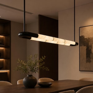 Hanging alabaster linear chandelier light fixture, suspended alabaster light for kitchen island & luxury interiors, LED marble pendant light