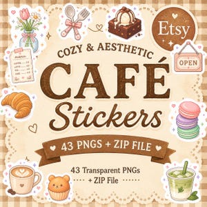 Söta digitala klistermärken för café och bageri - 43 delar / (PNG) hjärtevärmande pixelkonst / söta kakor, desserter och bröd / digital nedladdning för Goodnotes, scrapbooking och iPad-journaling