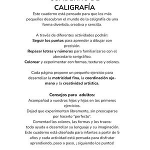 Puede incluir: Una página blanca con texto negro titulada CUADERNO DE CALIGRAFÍA. El texto describe un cuaderno de caligrafía para niños que incluye actividades como seguir puntos, repasar letras y números, y colorear para desarrollar la motricidad.
