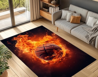 Fiery Basketball Ball Rug, Special Fiery Ball Rug, Sports Decor Rug, Basketball Fan Gift Rug, Game Room Carpet, Home Decor Rug, Gift Him Rug