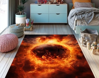 Fiery Basketball Ball Rug, Special Fiery Ball Rug, Sports Decor Rug, Basketball Fan Gift Rug, Game Room Carpet, Custom Rug, Gift For Him Rug