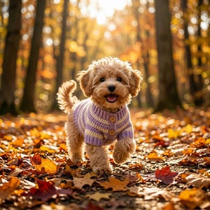 May include: A small, light brown dog wearing a purple and yellow striped sweater walks through a forest covered in fallen autumn leaves. The dog is smiling with its tongue out. The background features tall trees and sunlight.