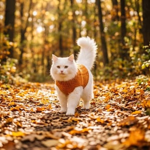 May include: A fluffy white cat with green eyes wearing a textured, burnt orange knitted sweater. The cat is standing upright with its tail held high, showcasing the detailed ribbing and cable knit pattern of the garment against a forest floor.