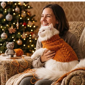 May include: A fluffy white cat wearing a mustard yellow cable-knit sweater with a ribbed turtleneck collar. The sweater features a textured braided pattern across the chest and back, providing a snug fit for the cat's torso and neck area.