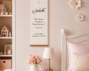 Jeremías 29:11. Banner cristiano personalizado para niños con nombre y fecha de nacimiento / Decoración infantil en inglés o español, regalo de bautismo.