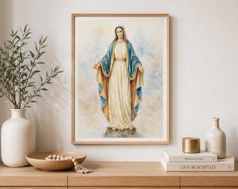 Lámina/Arte de pared de Nuestra Señora de Gracia en acuarela, decoración mariana, lámina de fe para pared