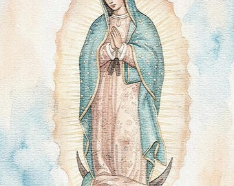 Lámina/Arte de pared de Nuestra Señora de Guadalupe en acuarela, decoración de la Virgen de Guadalupe, decoración para la sala de oración.