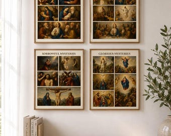 Lámina/Arte de pared con los Misterios del Rosario Tradicional, Guía de oración del Rosario, Lámina de fe para la pared