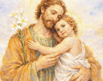 Lámina de San José y el Niño Jesús / Acuarela para pared, decoración cristiana para el hogar, lámina de fe para pared, decoración para la sala de oración.