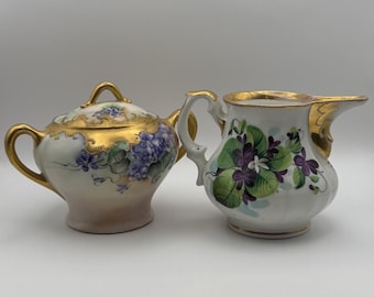 Juego antiguo de crema y azúcar de porcelana Krister KPM, porcelana alemana Silesia Cabinet China, circa 1890.
