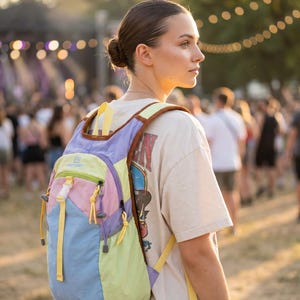 May include: A multi-coloured backpack featuring a light green base, a light blue front panel, a pink upper section, and a purple top panel. It includes yellow straps, a white plastic buckle, and yellow drawstring cords with grey toggles on the sides.
