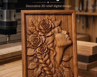 Woman Roses 3D Relief STL File | Floral Portrait CNC Wood Carving Model (Digital Download)