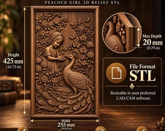 Pfauenmädchen 3D-Relief (STL-Datei) | Blumengarten-CNC-Fräsung | Holzfräskunst | 3D-druckbare Wanddekoration