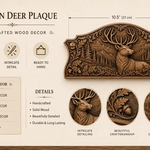 Puede incluir: Placa de madera de ciervo, 27 cm de ancho y 13 cm de alto. La decoraci&oacute;n de madera hecha a mano presenta un tallado en relieve detallado de un ciervo en una escena de bosque. La placa est&aacute; lista para colgar.
