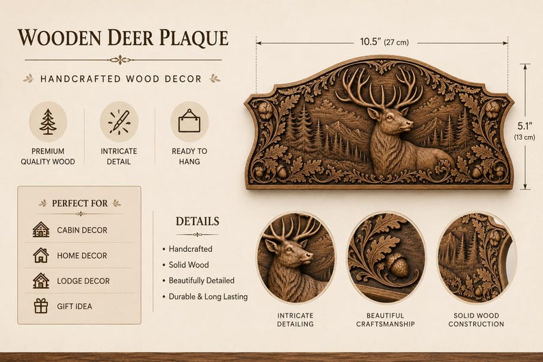 Puede incluir: Placa de madera de ciervo, 27 cm de ancho y 13 cm de alto. La decoraci&oacute;n de madera hecha a mano presenta un tallado en relieve detallado de un ciervo en una escena de bosque. La placa est&aacute; lista para colgar.