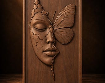 Schmetterlingsfrauengesicht STL, 3D-Relief für CNC-Holzschnitzerei