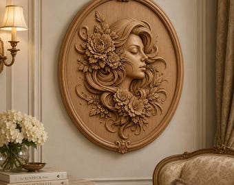 Oval Woman Floral Relief STL | CNC Wood Carving Wall Art (Digital Download)