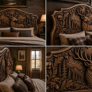 Puede incluir: Cabecero de cama de madera tallada con un relieve detallado de un ciervo, &aacute;rboles y monta&ntilde;as. La cama est&aacute; adornada con varias almohadas y una colcha de tonos neutros. La est&eacute;tica general es r&uacute;stica y de inspiraci&oacute;n natural.