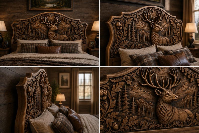 Puede incluir: Cabecero de cama de madera tallada con un relieve detallado de un ciervo, &aacute;rboles y monta&ntilde;as. La cama est&aacute; adornada con varias almohadas y una colcha de tonos neutros. La est&eacute;tica general es r&uacute;stica y de inspiraci&oacute;n natural.