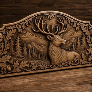 Puede incluir: Placa de madera detallada con un relieve tallado de un ciervo con grandes astas, sobre un fondo de bosque y monta&ntilde;as. La placa tiene un borde ornamentado con dise&ntilde;os florales y de bellotas. El color es marr&oacute;n c&aacute;lido.