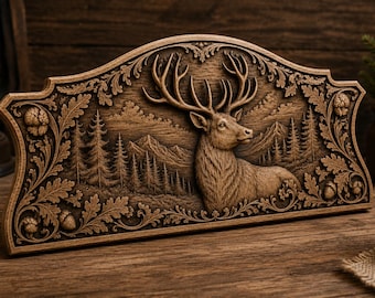 Cabecero rústico con forma de ciervo (archivo STL) / Tallado en madera CNC / Modelo de relieve 3D para fresadora